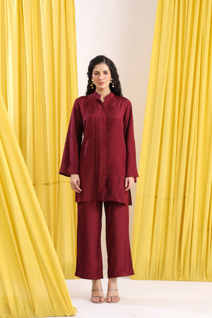 Wine Solid Minimal Russian Silk Co-ord Set