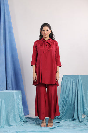 Red Solid Tie-Up Russian Silk Co-ord Set