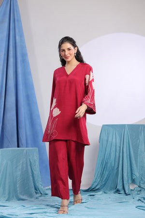 Maroon Floral Motif Printed Russian Silk Co-ord Set