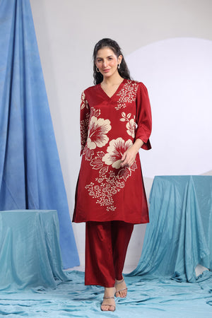 Maroon Floral Printed Russian Silk Co-ord Set