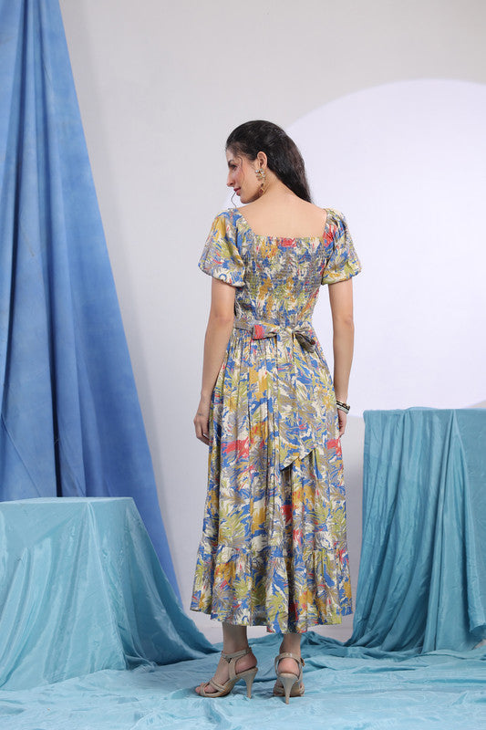 Multicolour Floral Print Smocked Midi Dress