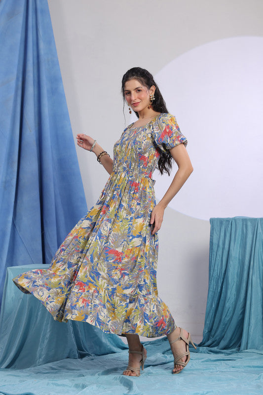 Multicolour Floral Print Smocked Midi Dress