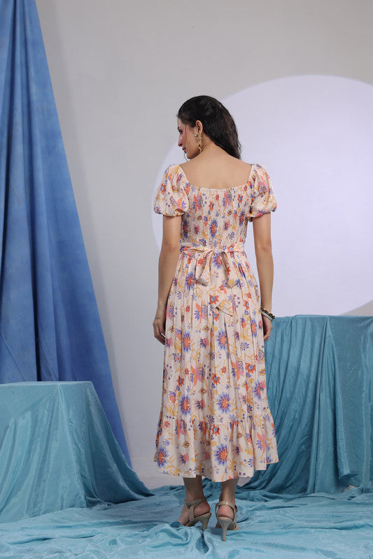Peach Floral Print Smocked Midi Dress