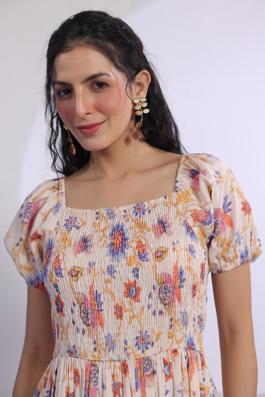 Peach Floral Print Smocked Midi Dress