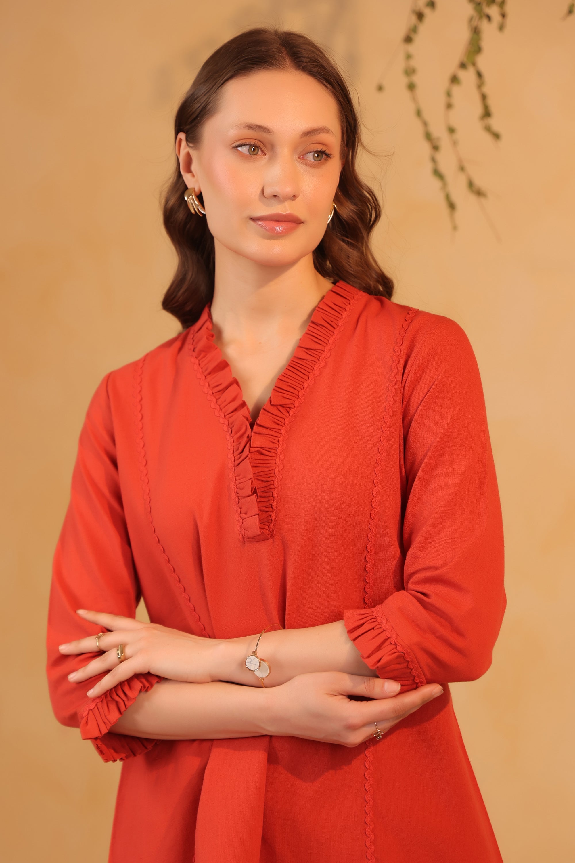 Rust Orange V-Neck Ruffle Style Detail Solid Cotton Flex Relaxed Fit Two-Piece Co-ord Set