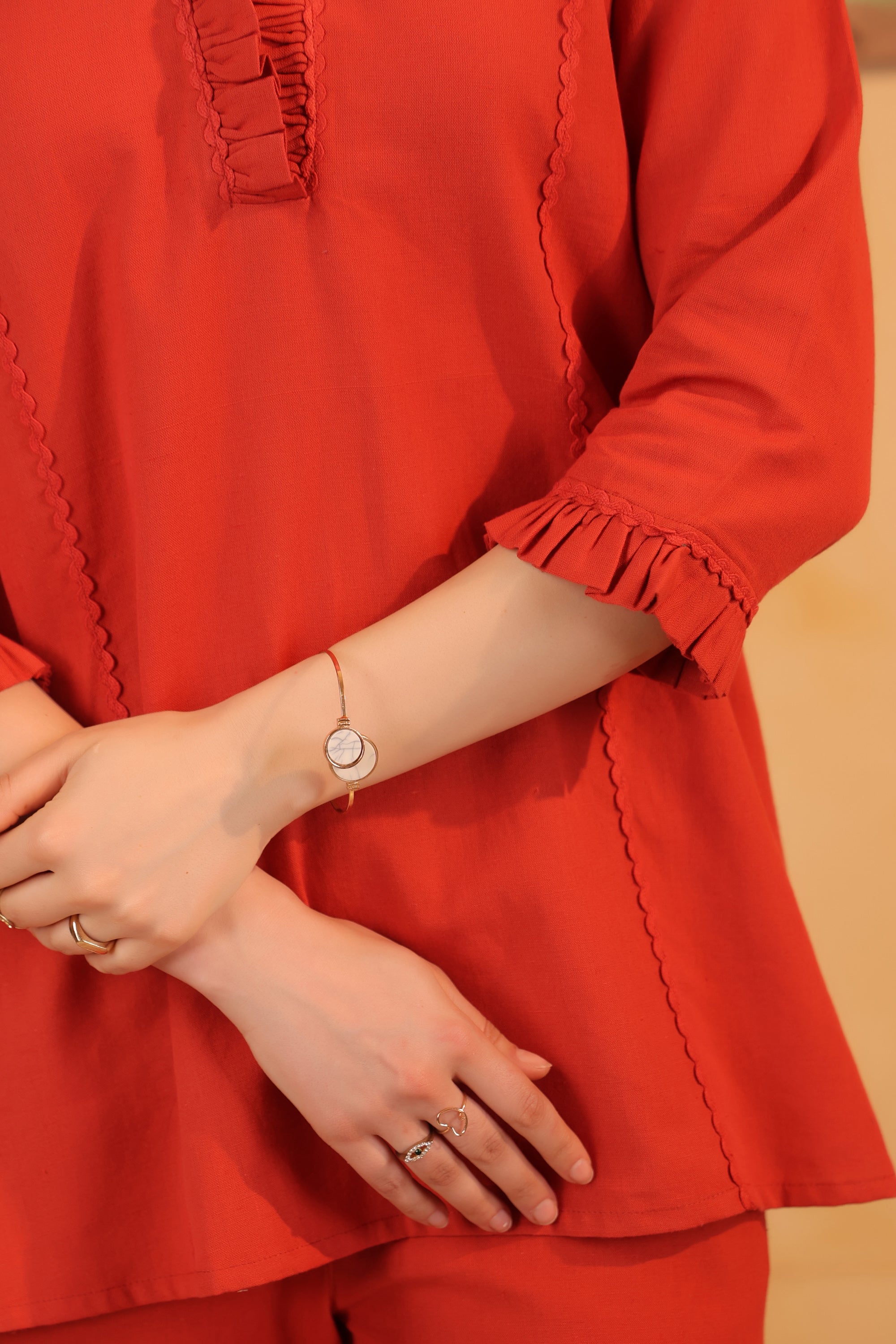 Rust Orange V-Neck Ruffle Style Detail Solid Cotton Flex Relaxed Fit Two-Piece Co-ord Set