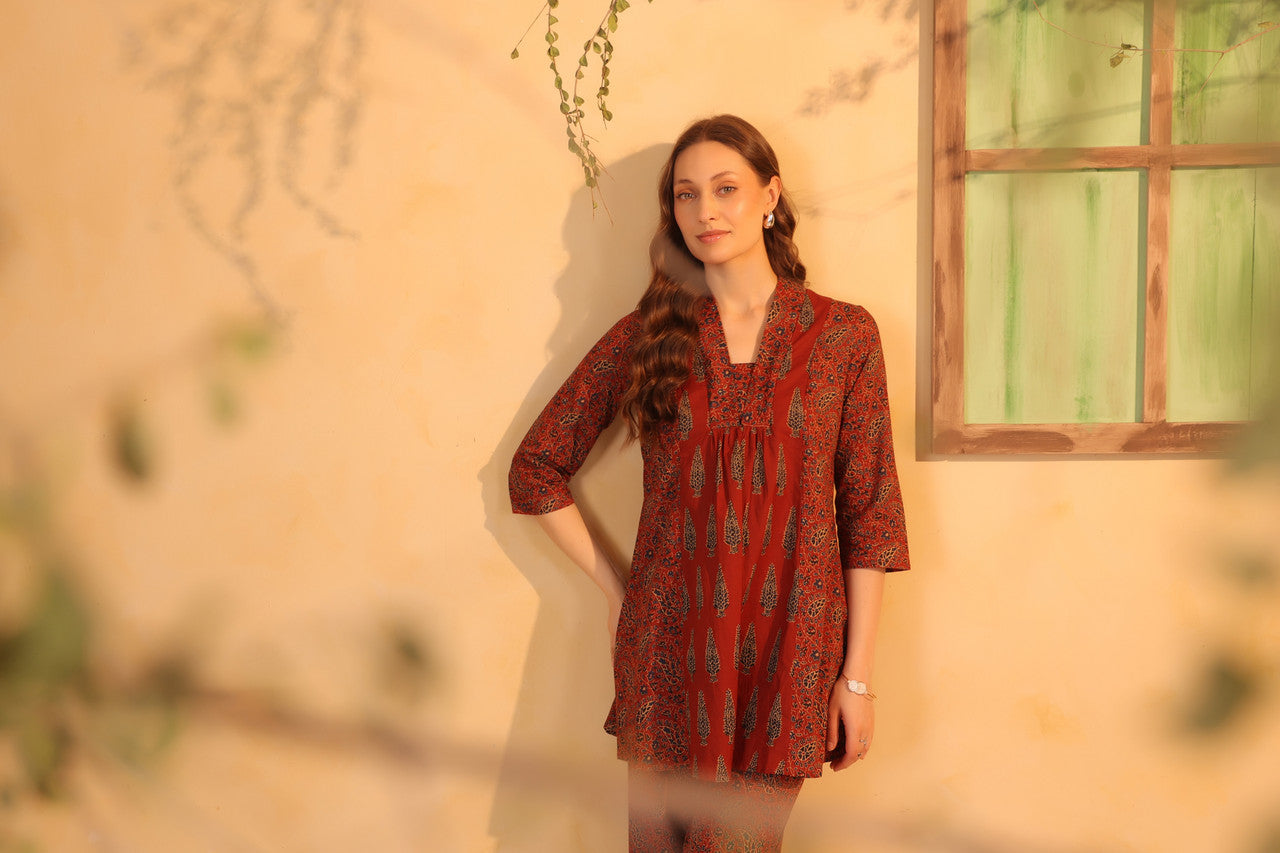 Maroon Ethnic Traditional Printed CTunic & Pant Co-ord Set