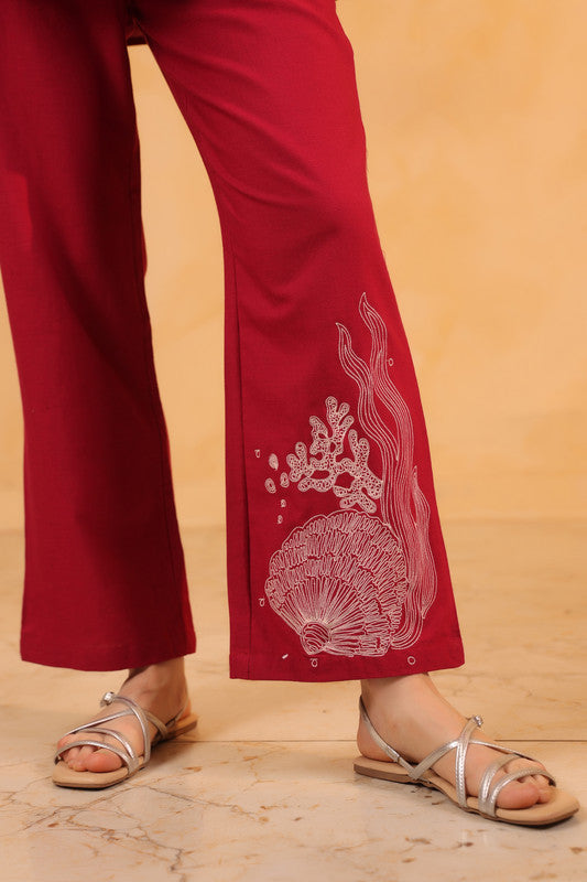 Red Wrap Style Placement Printed Cotton Cotton Flex Two Piece Co-ord Set