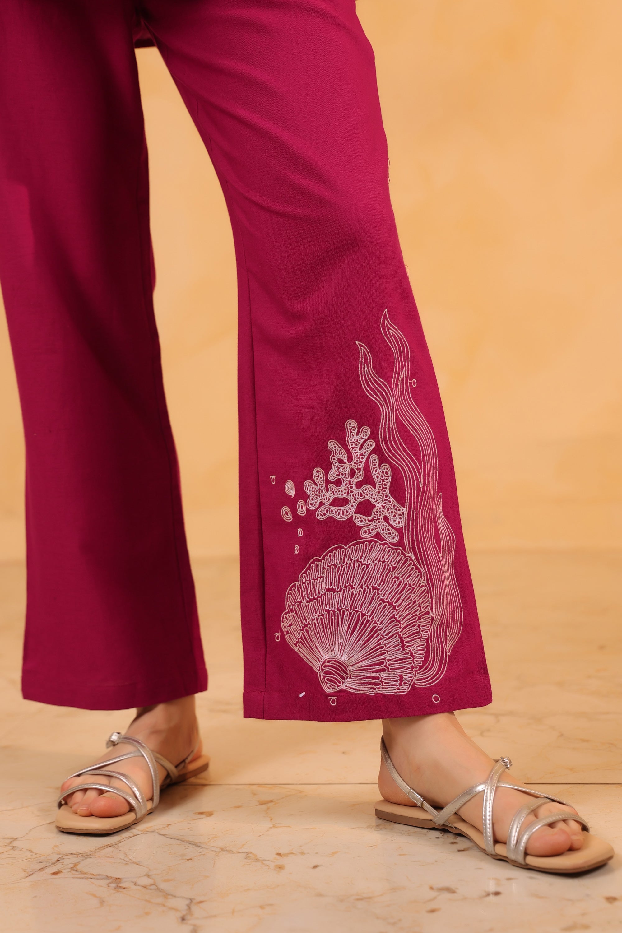 Purple Wrap Style Placement Embroidered Cotton Flex Two Piece Co-ord Set