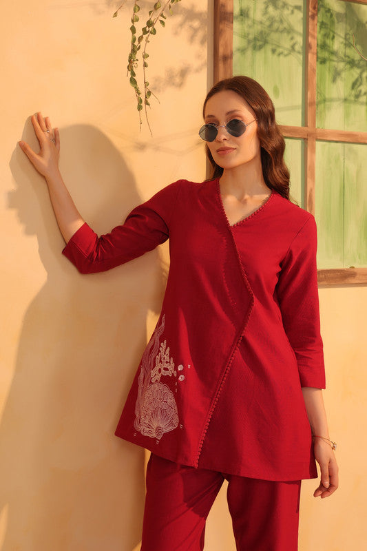 Red Wrap Style Placement Printed Cotton Cotton Flex Two Piece Co-ord Set