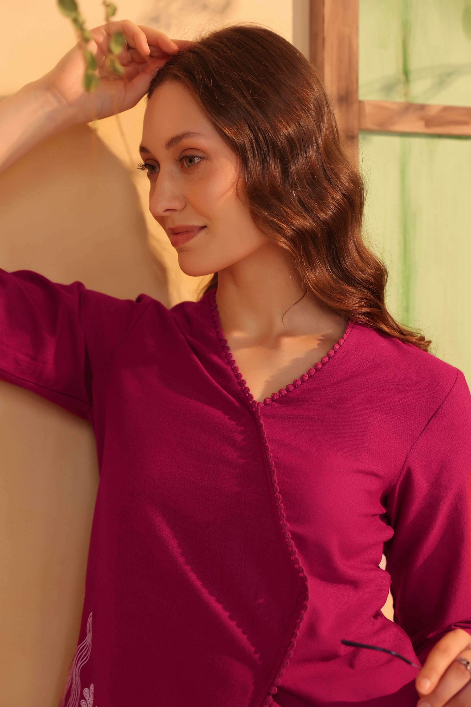 Purple Wrap Style Placement Embroidered Cotton Flex Two Piece Co-ord Set