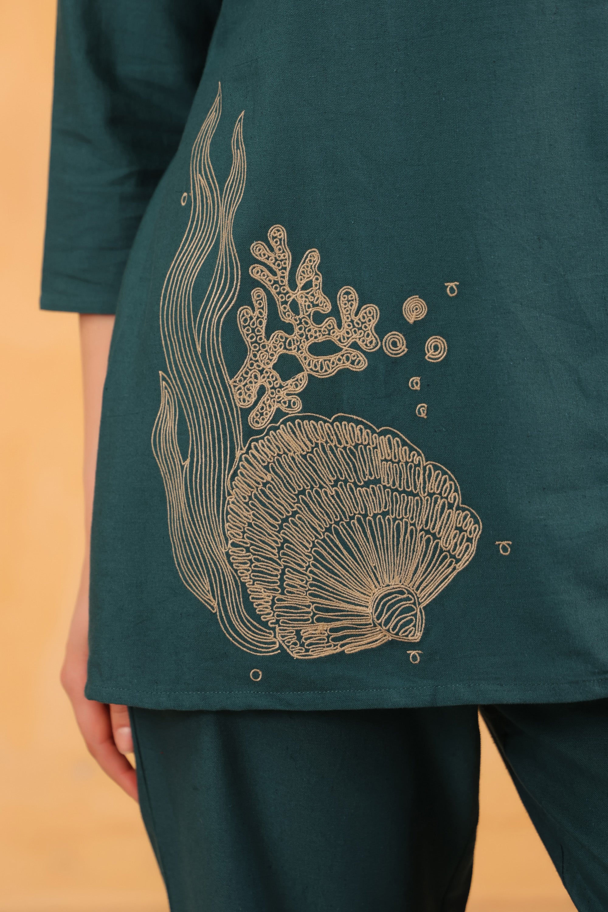 Teal Designer Contemporary Embroidered Cotton Flex Tunic with Straight Pants Co-ord Set