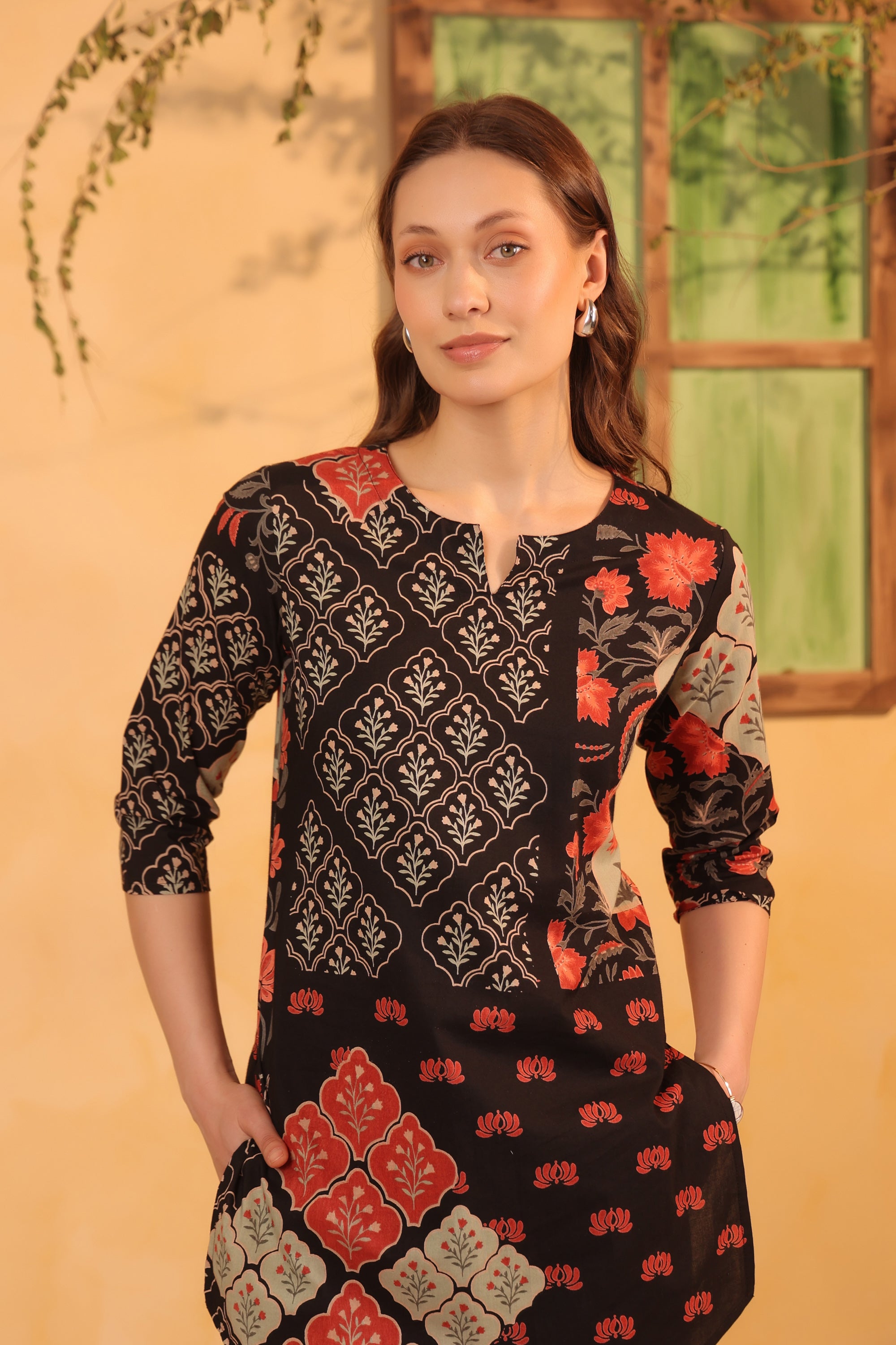 Black Ethnic Traditional Print Top and Pant Cotton Co-ord Set