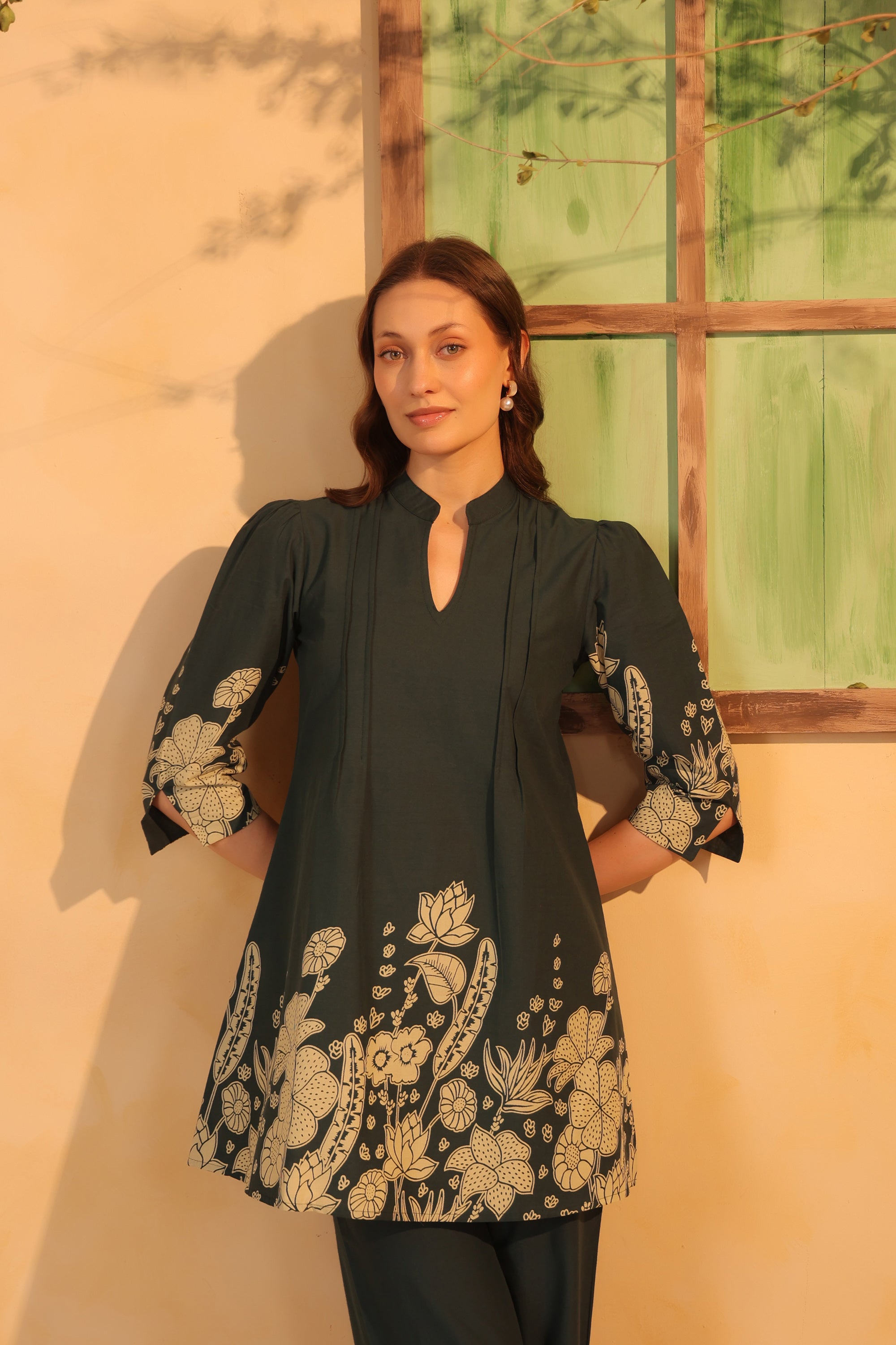 Teal Green Floral Statement Printed Cotton Co-ord Set