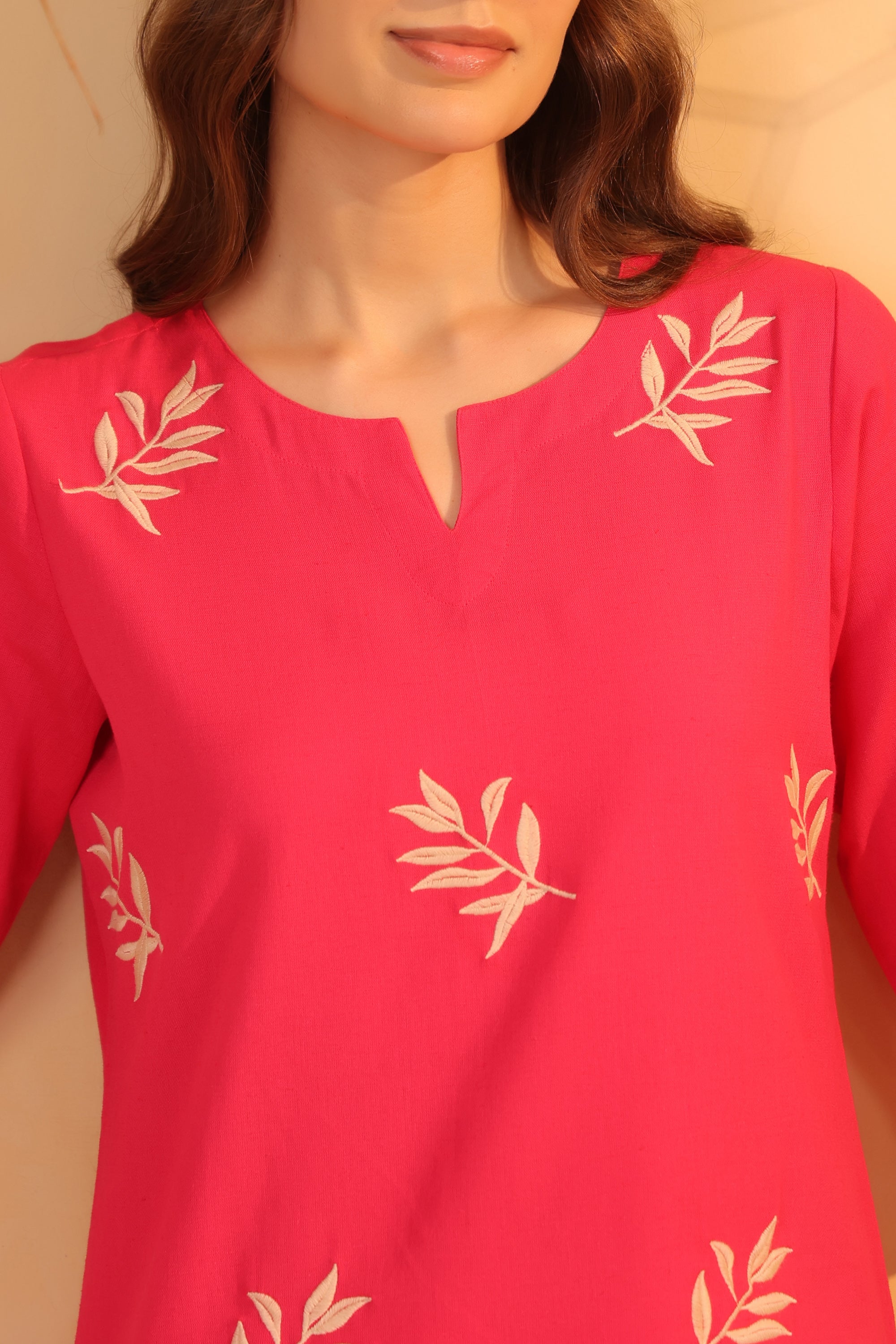 Pink Traditional Gold Leaf Motif Embroidered Cotton Flex Two Piece Co-ord Set