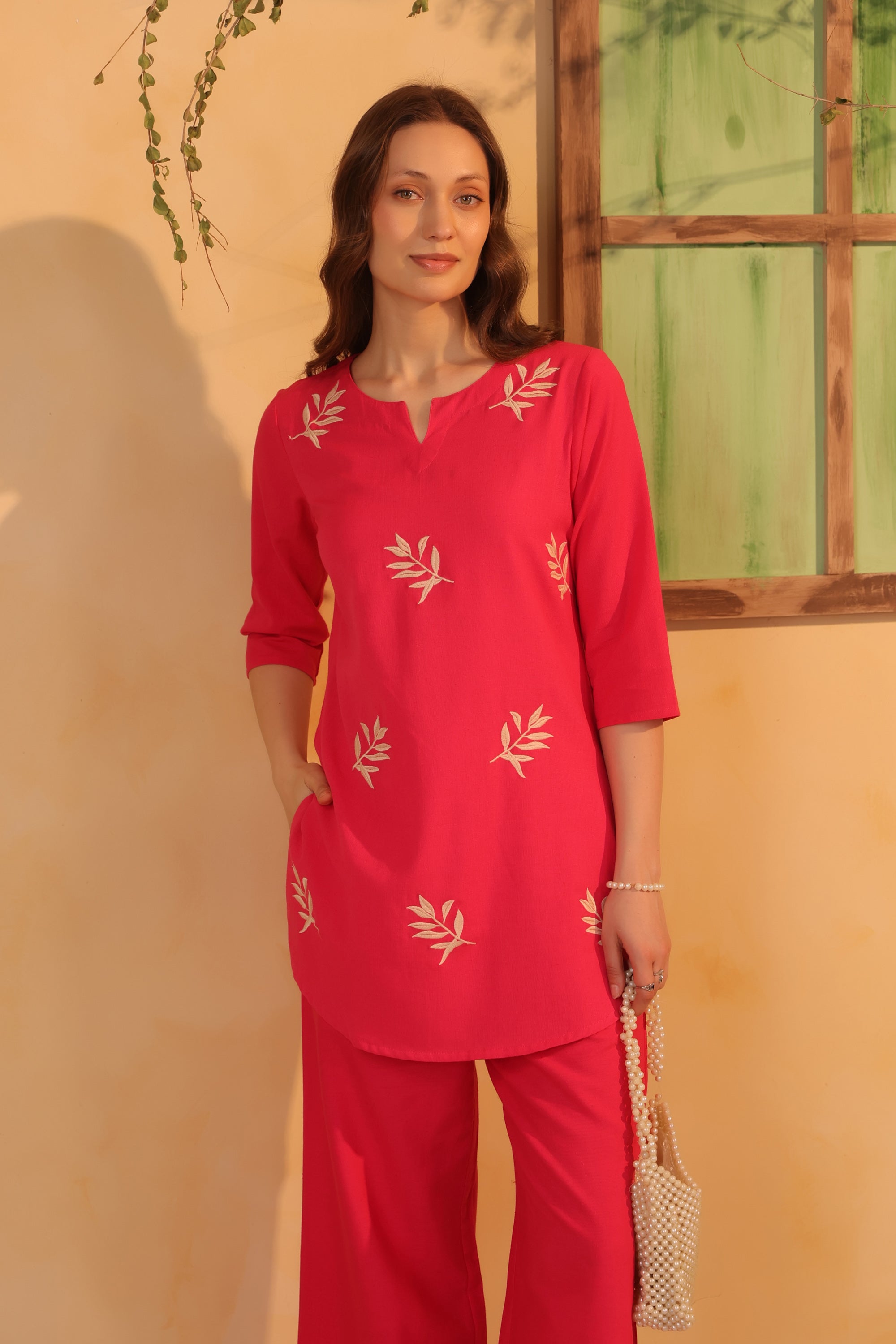 Pink Traditional Gold Leaf Motif Embroidered Cotton Flex Two Piece Co-ord Set