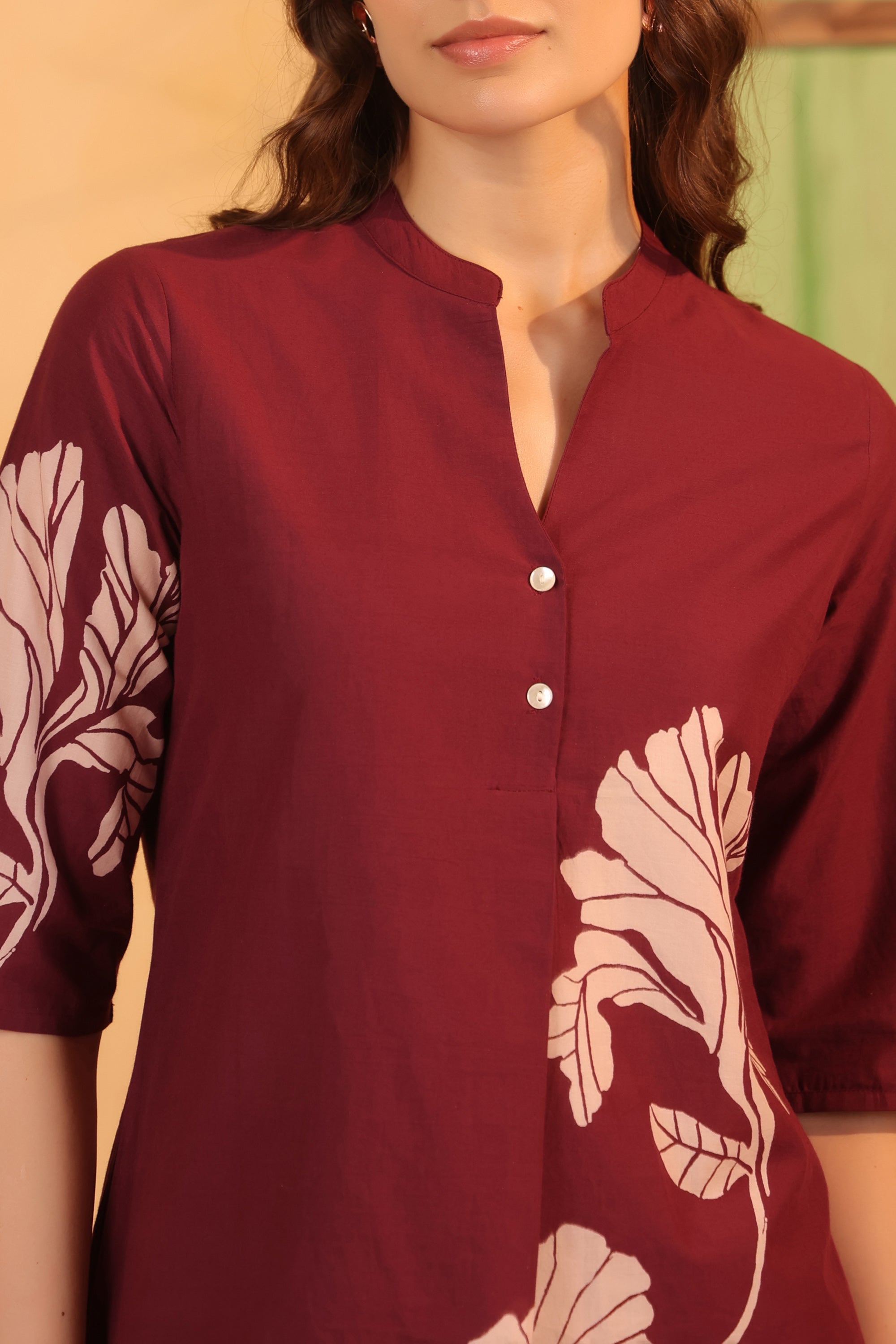 Wine Elegant Design Floral Leaf Printed Cotton Top & Pant Co-ord Set