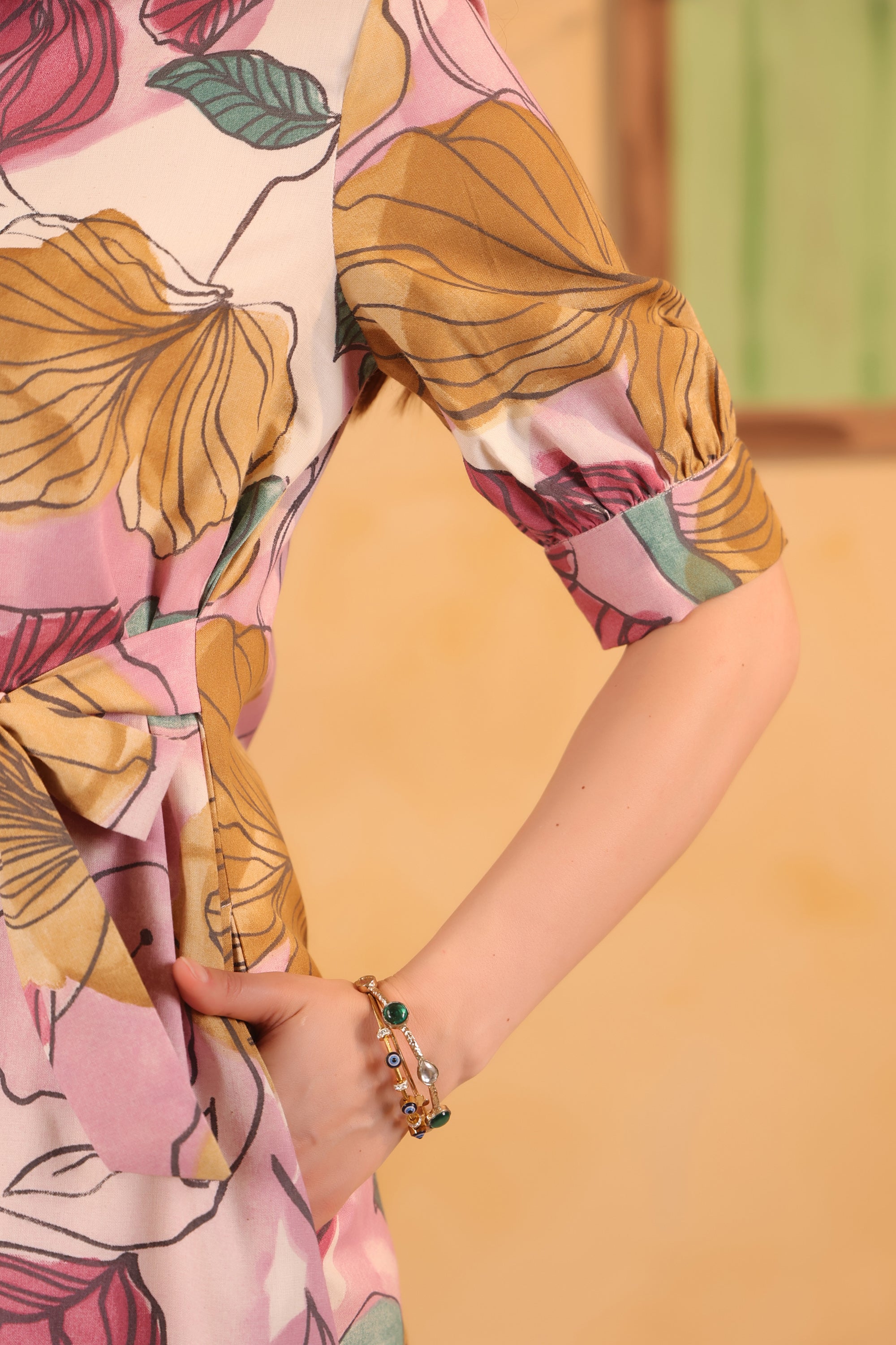 Pink Multi-Leaf Printed Cotton Flex Tie-Up Waist Midi Dress