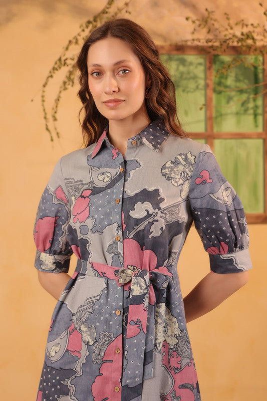 Grey Floral Abstract Printed Cotton Flex Button-Front Tie-Waist Midi Dress