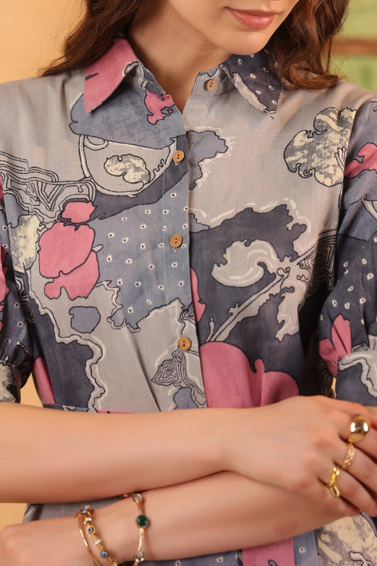 Grey Floral Abstract Printed Cotton Flex Button-Front Tie-Waist Midi Dress