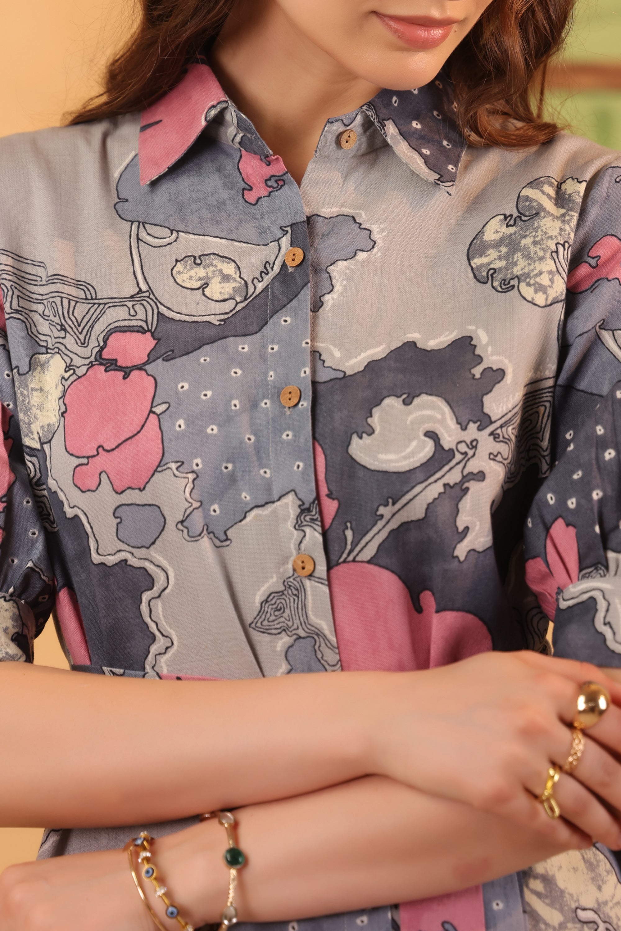 Grey Multi-Floral Abstract Printed Cotton Flex Button-Front Tie-Waist Midi Dress