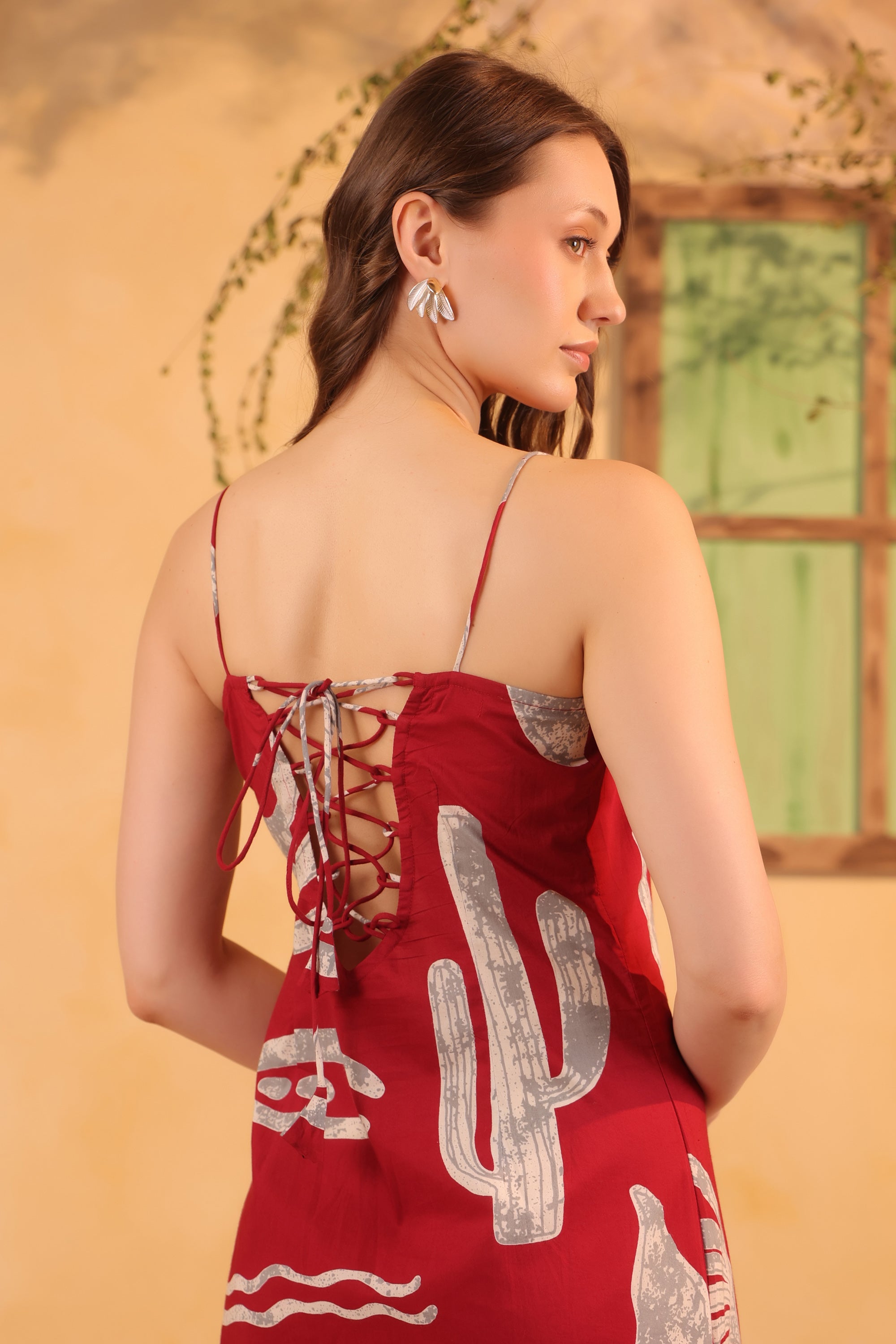 Maroon Abstract Printed Cotton Sleeveless Strap Midi Dress with Side Slit