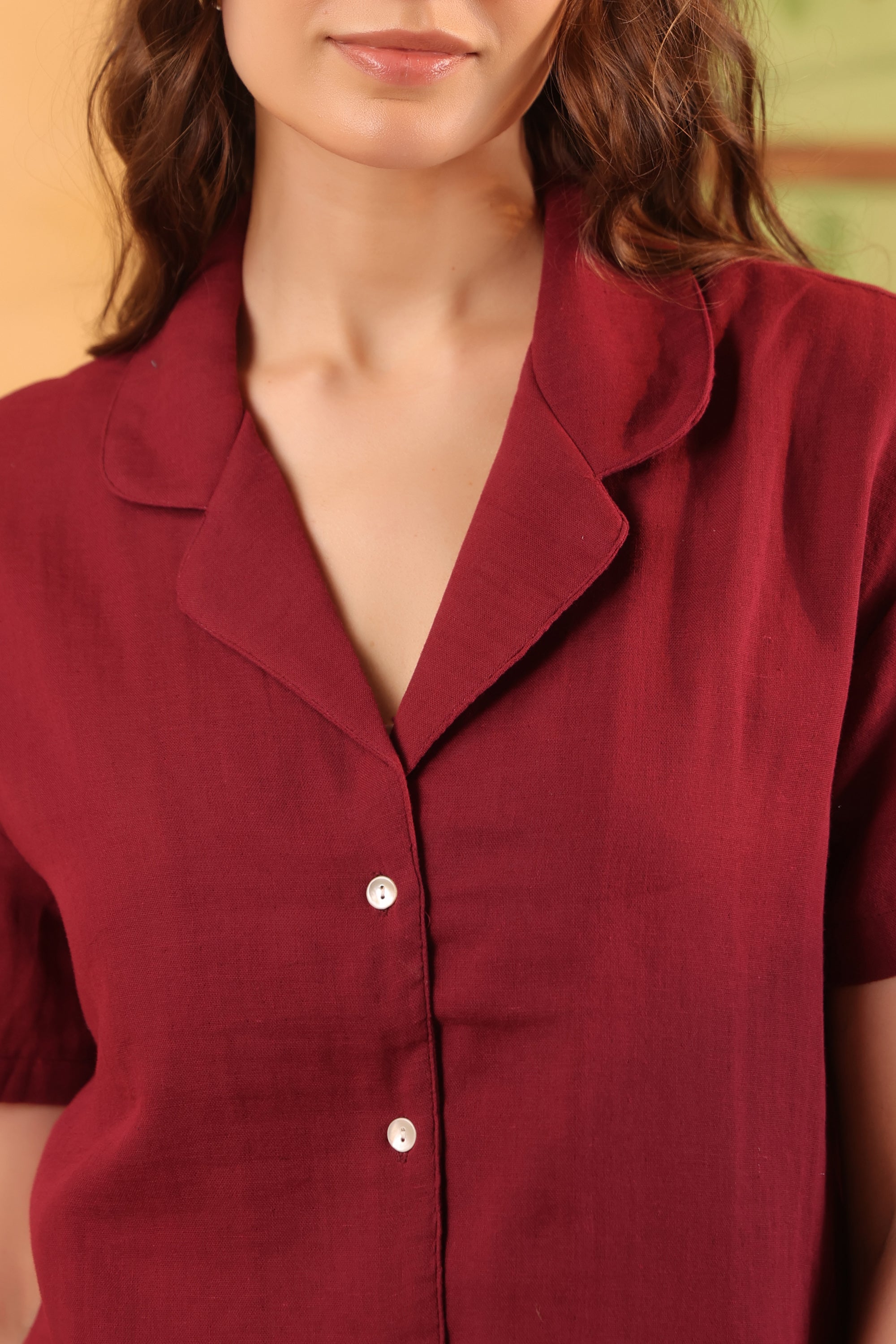 Maroon Solid Cotton Short Sleeve Night Suit Set