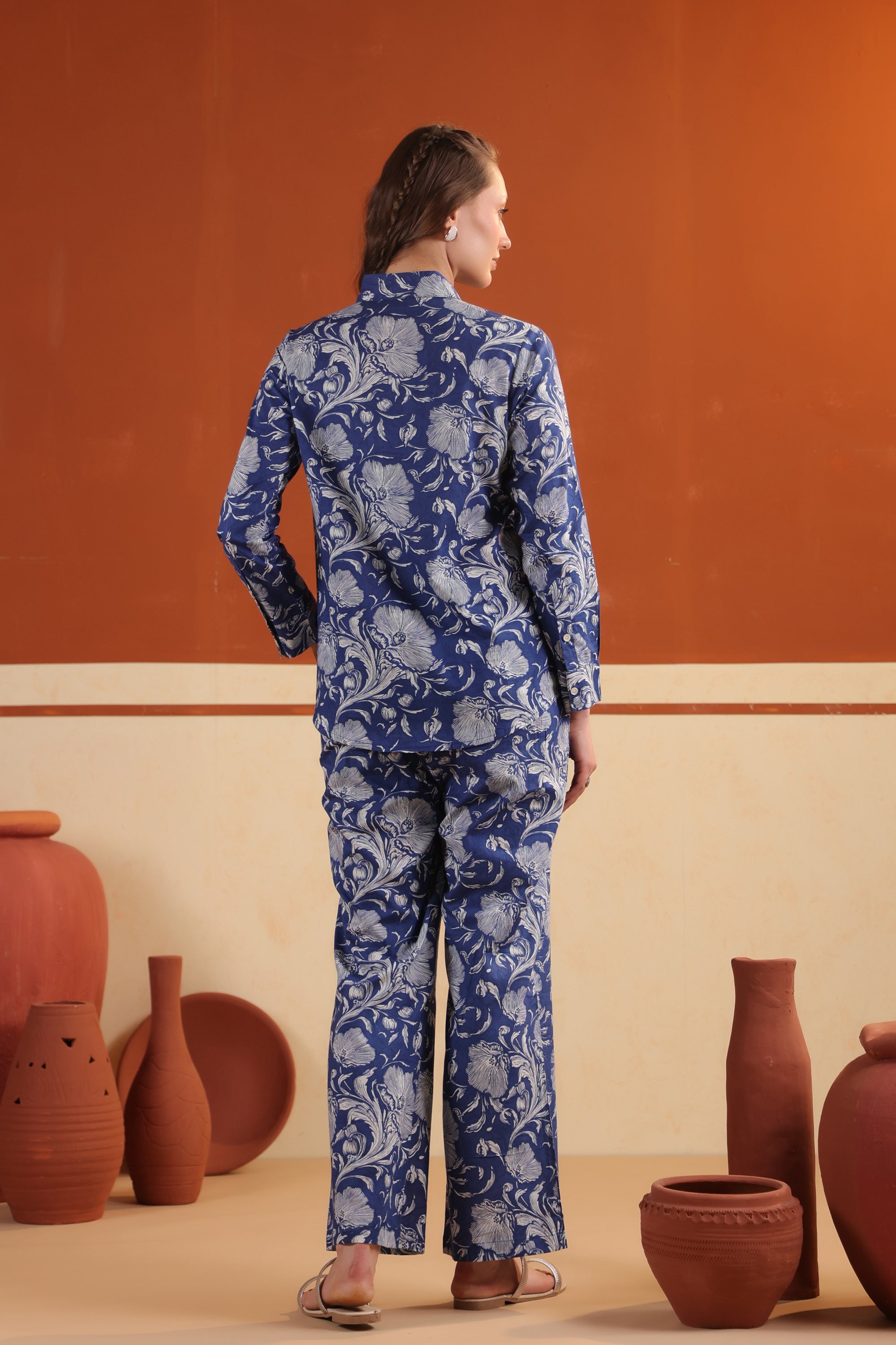 Navy Blue Garden Floral Printed Relaxed Fit Shirt & Pant Cotton Co-ord Set