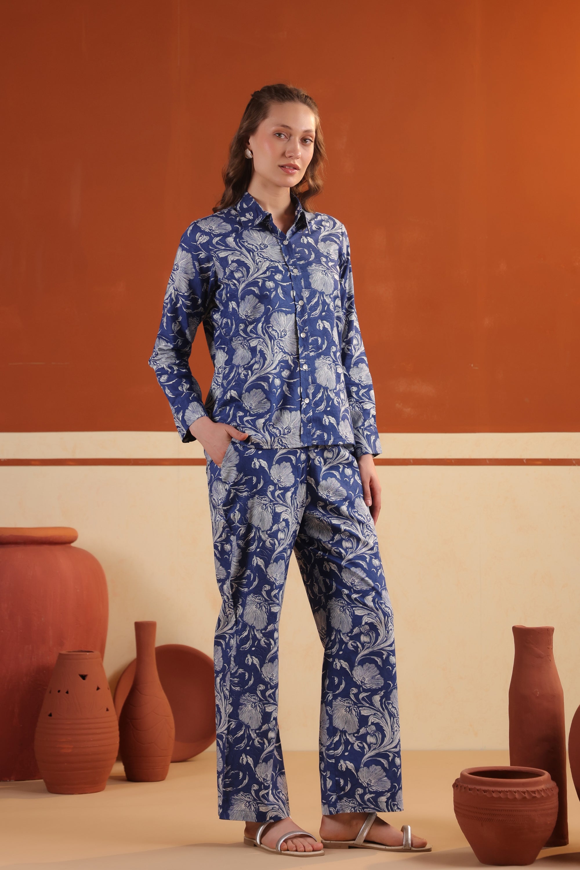 Navy Blue Garden Floral Printed Relaxed Fit Shirt & Pant Cotton Co-ord Set