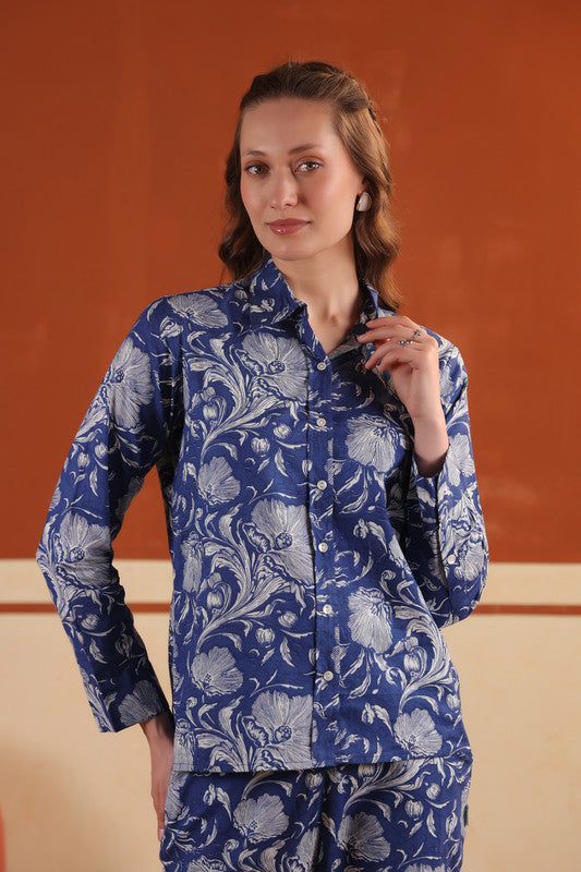 Navy Blue Garden Floral Printed Relaxed Fit Shirt & Pant Cotton Co-ord Set