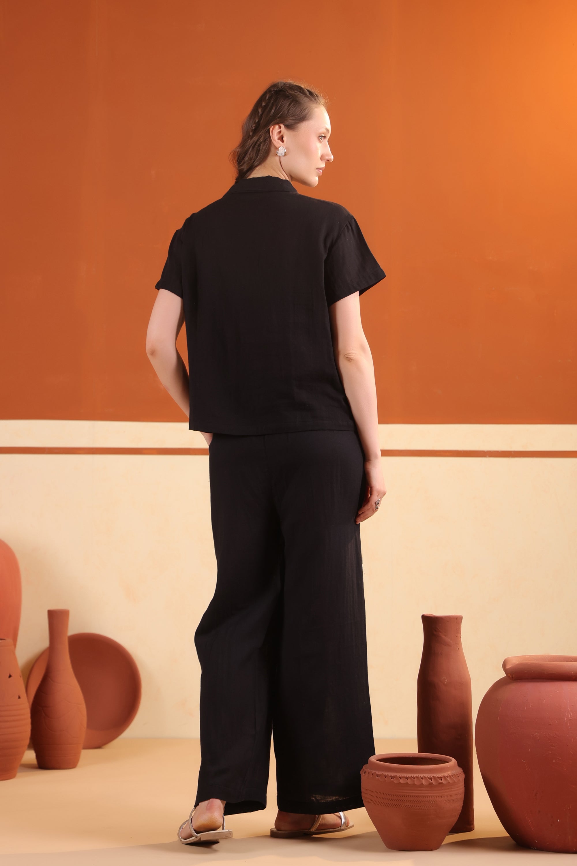 Black Solid Cotton Relaxed Fit Night Suit Set