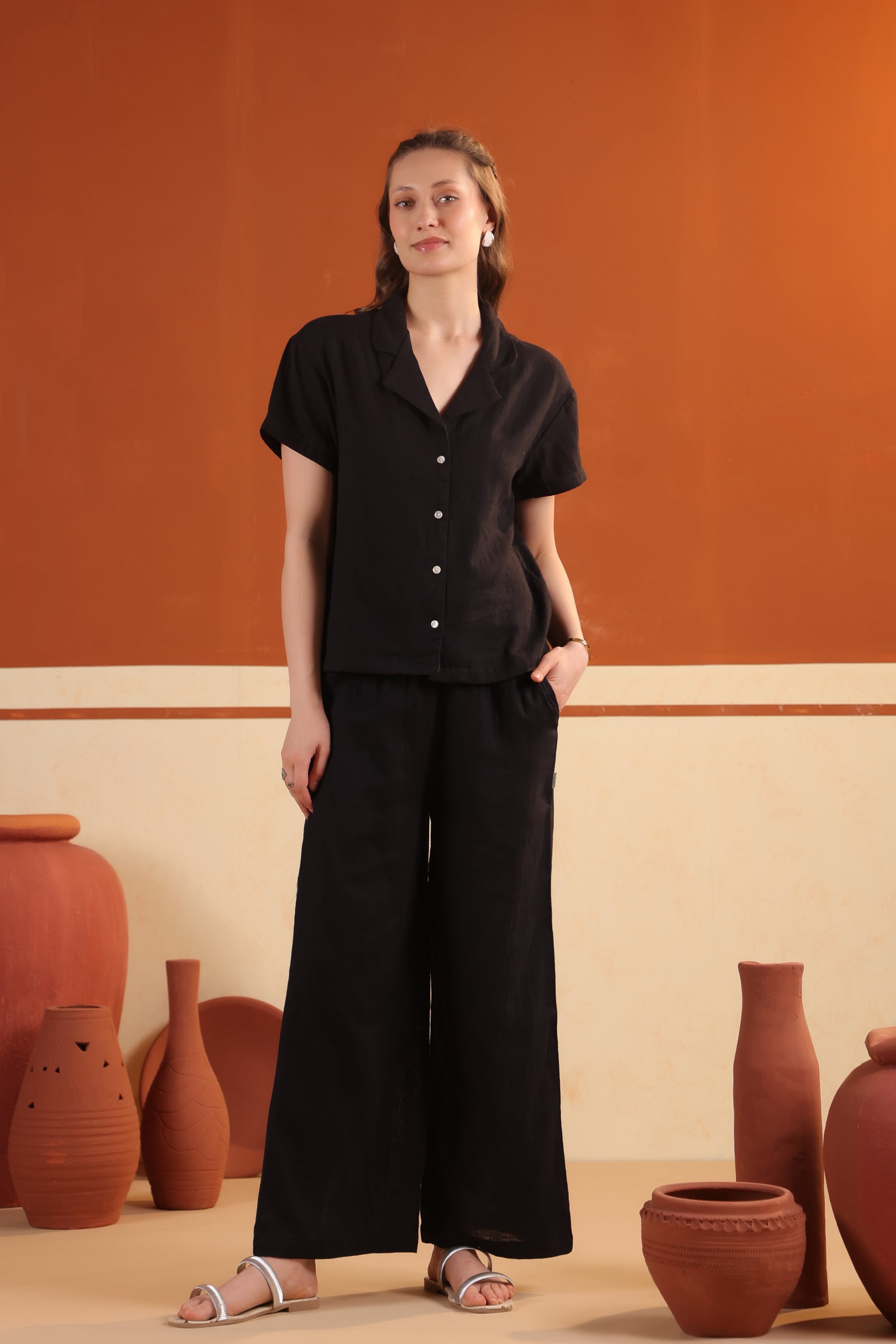 Black Solid Cotton Relaxed Fit Night Suit Set
