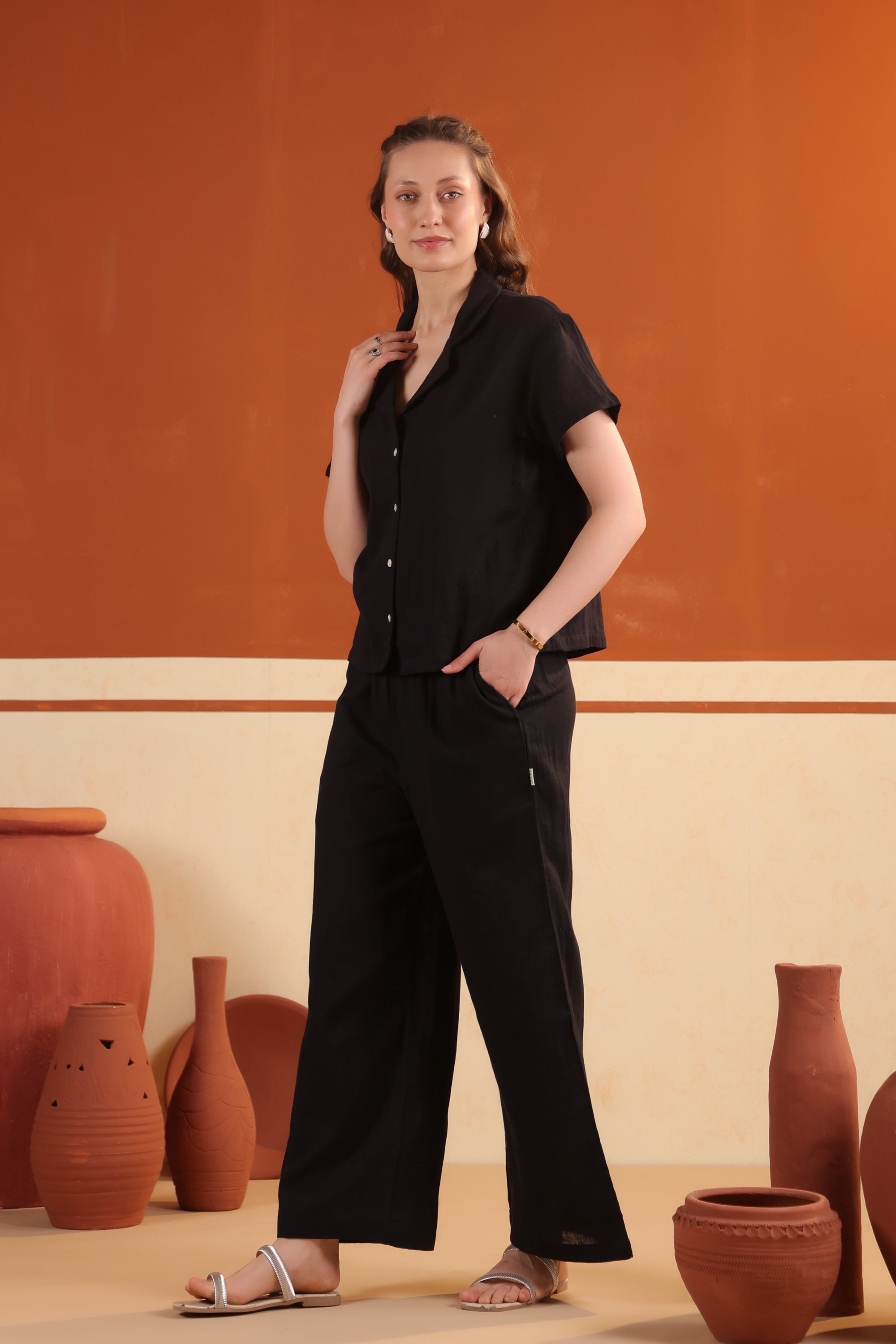 Black Solid Cotton Relaxed Fit Night Suit Set