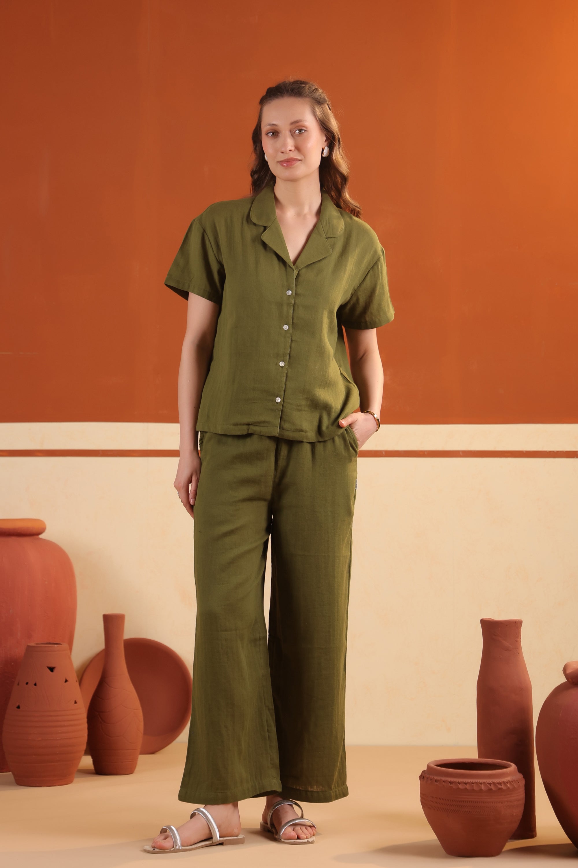 Olive Green Solid Cotton Night Suit Set With Pants