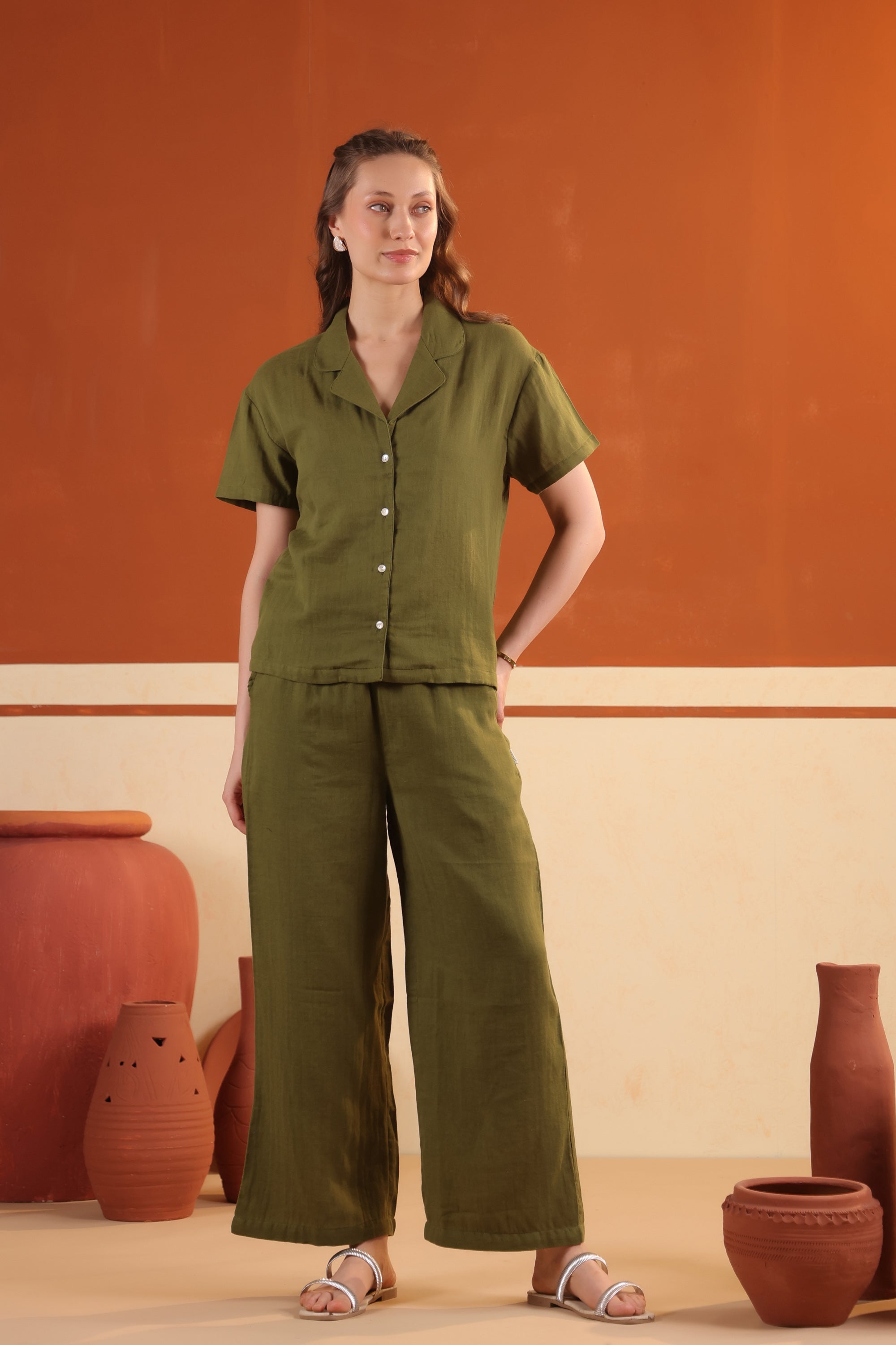 Olive Green Solid Cotton Night Suit Set With Pants