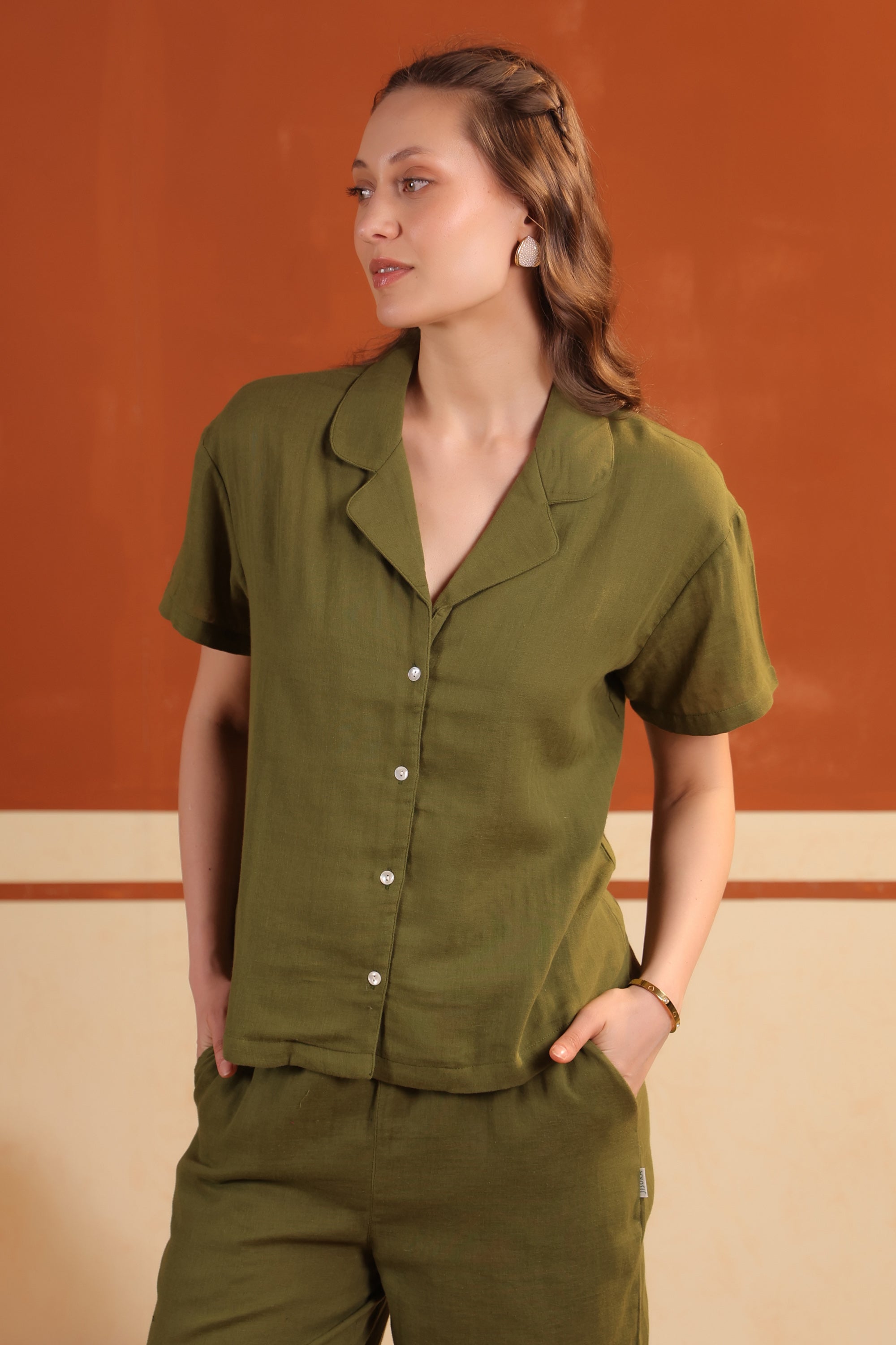 Olive Green Solid Cotton Night Suit Set With Pants