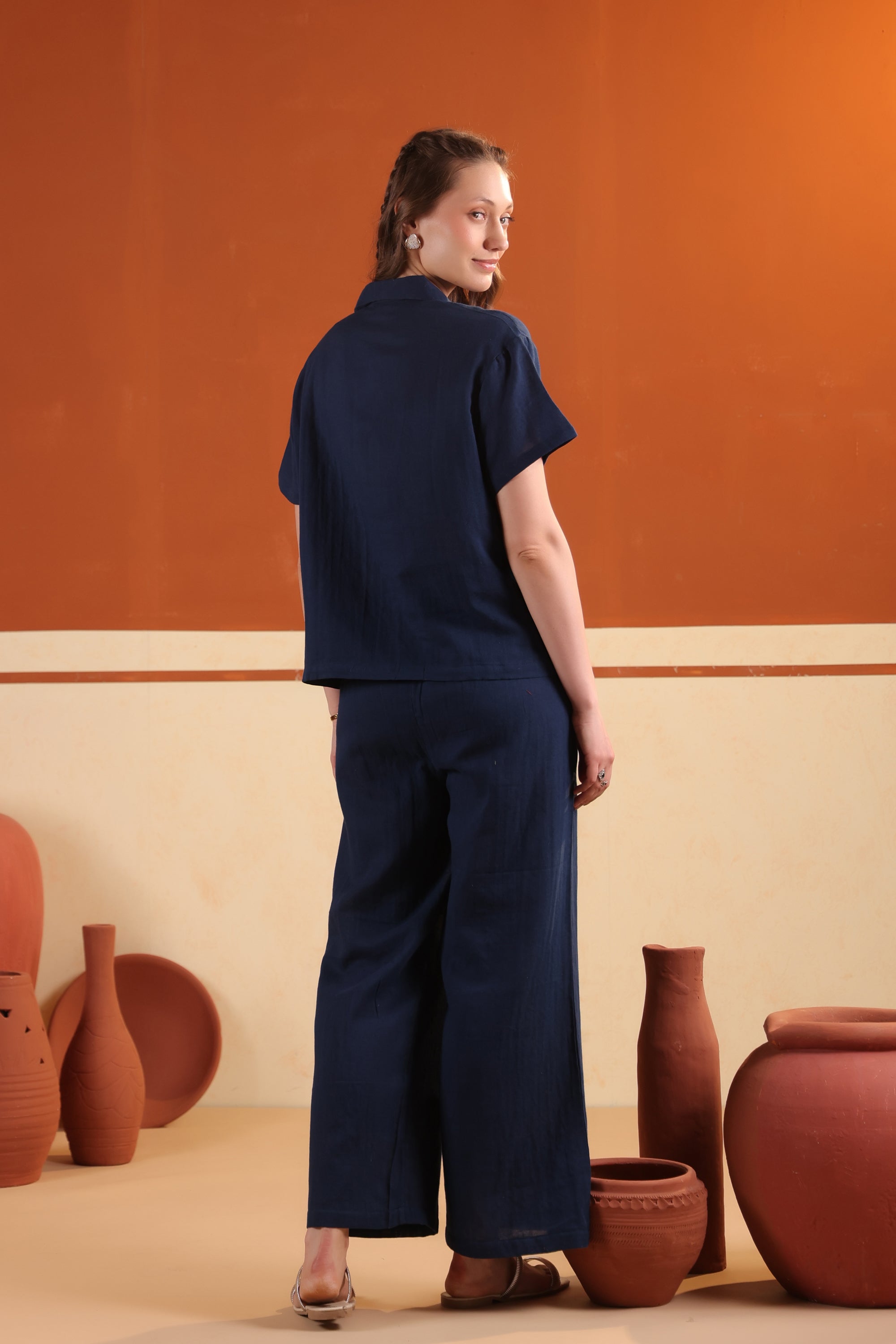 Navy Blue Solid Button-Down Night Suit Set With Pants