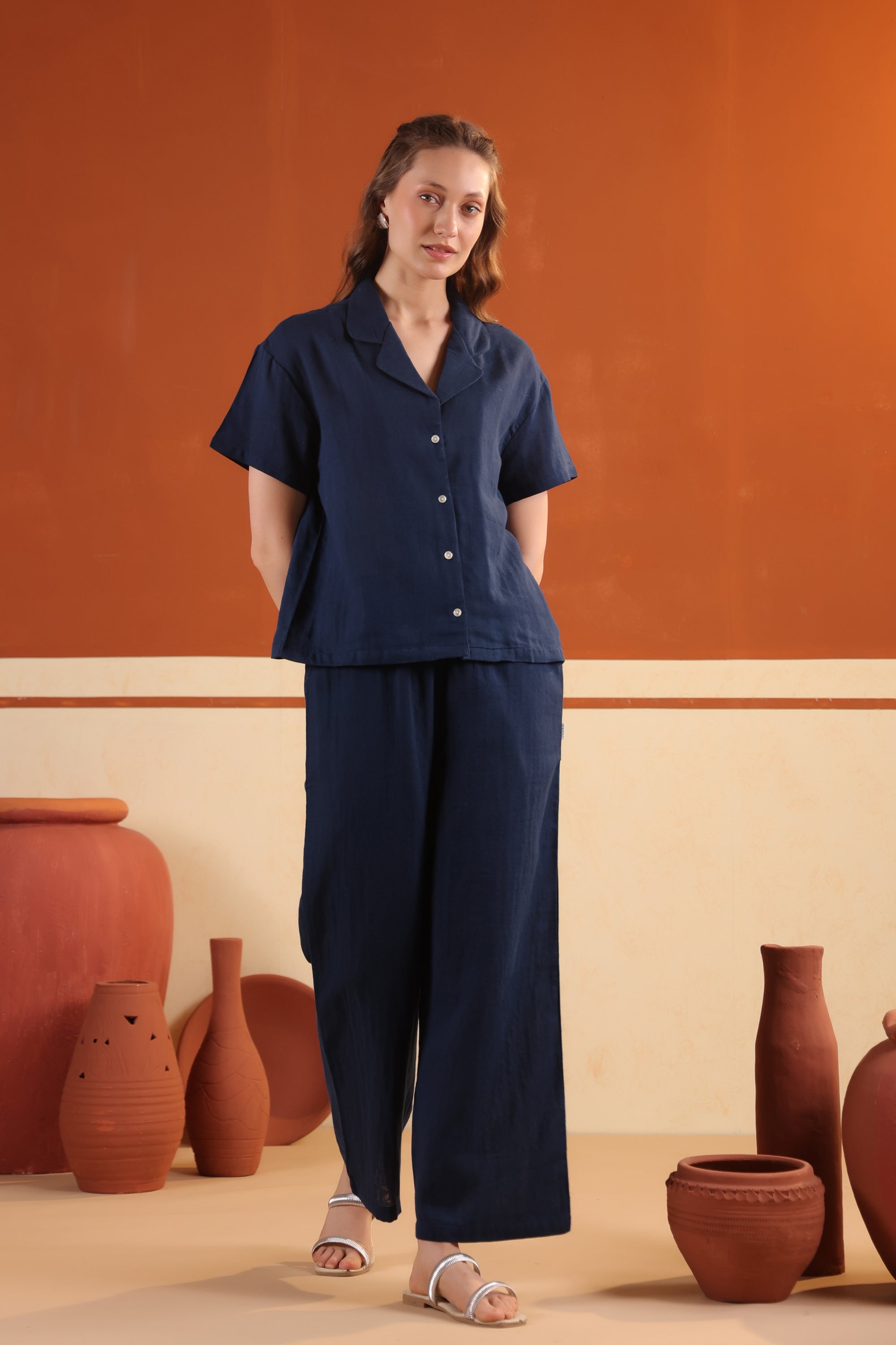 Navy Blue Solid Button-Down Night Suit Set With Pants