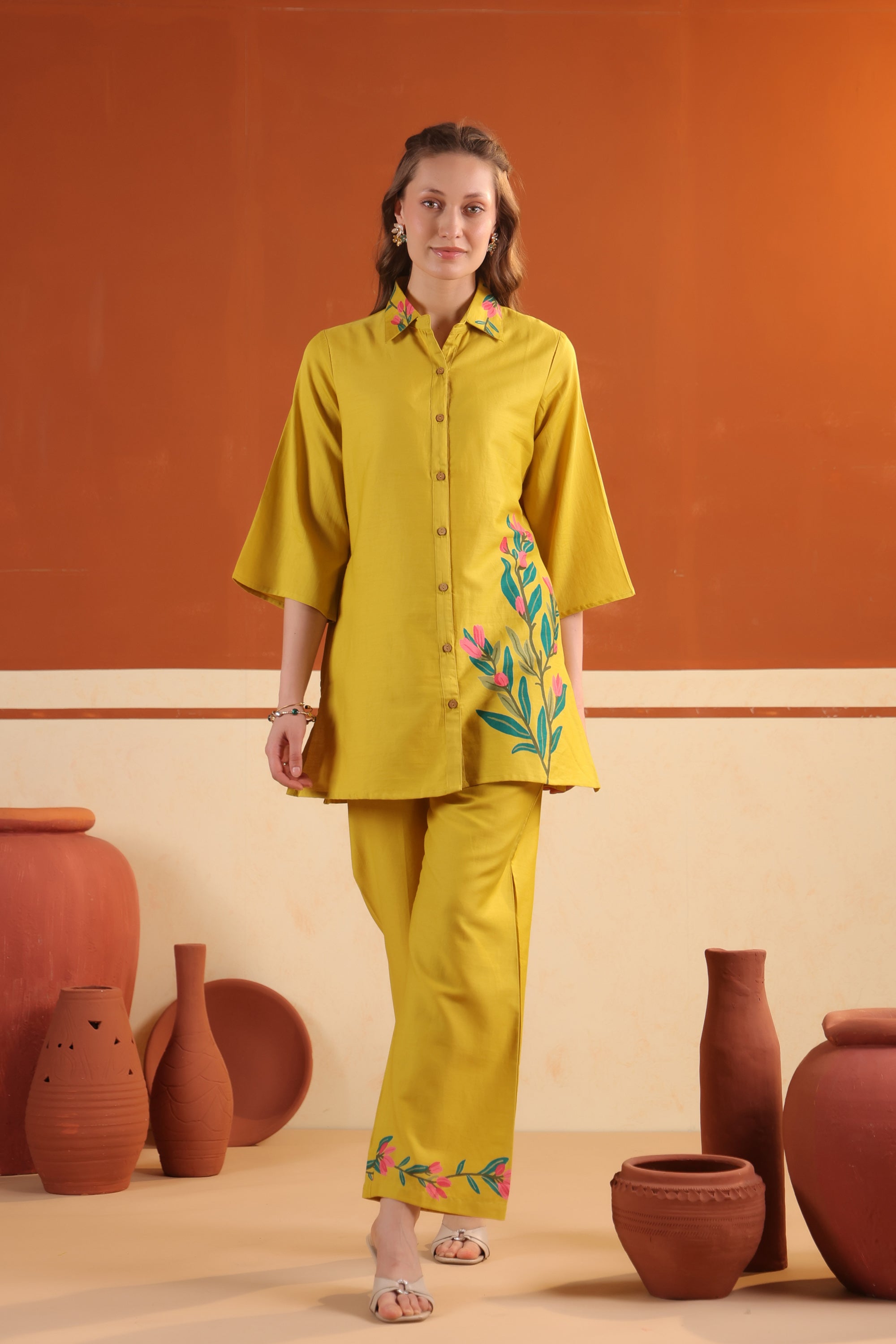 Mustard Yellow Floral Printed Cotton Co-ord Set