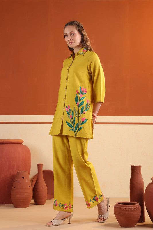 Mustard Yellow Floral Printed Cotton Button-Down Shirt with Matching Pants Co-ord Set
