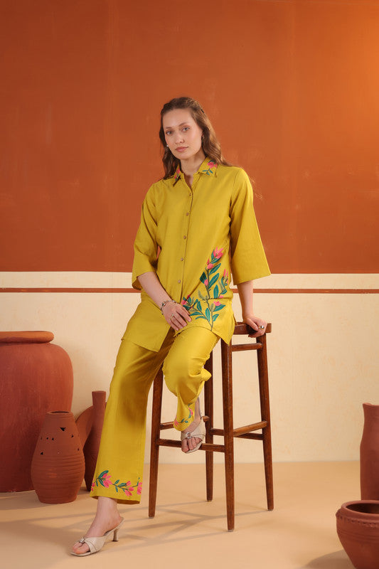 Mustard Yellow Floral Printed Cotton Button-Down Shirt with Matching Pants Co-ord Set