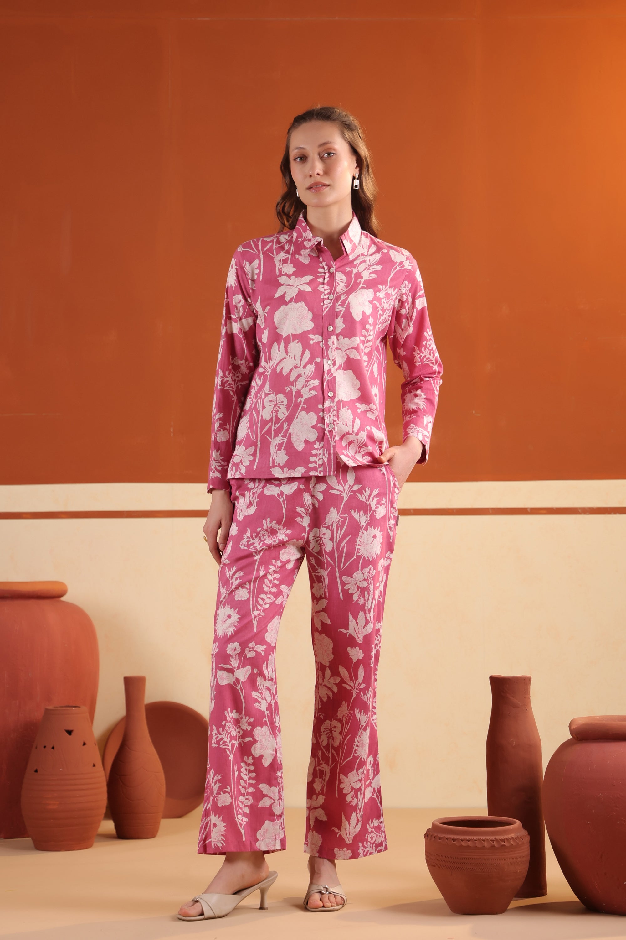 Pink Blossom Printed Cotton Shirt with Straight Pants Co-ord Set