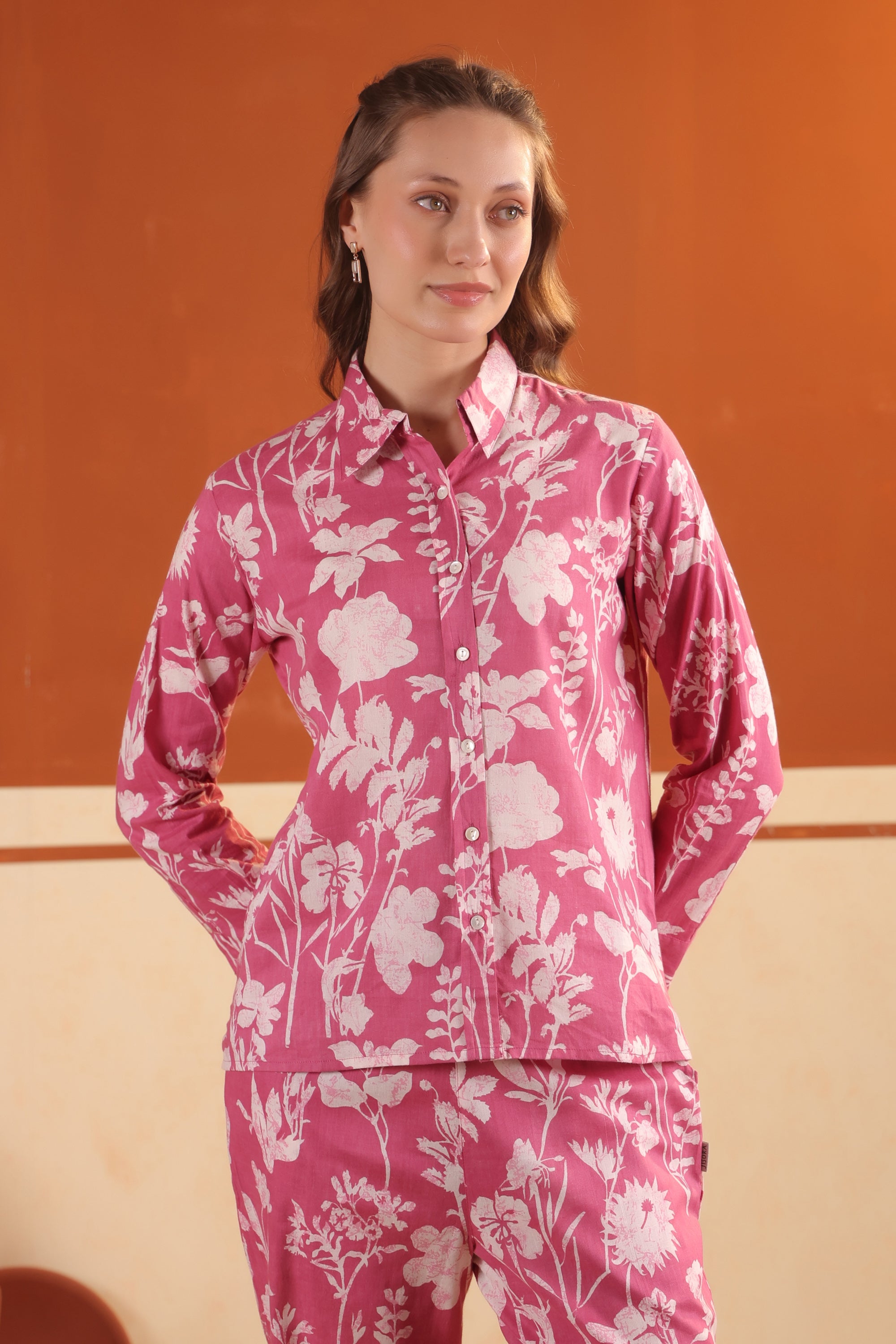 Pink Blossom Printed Cotton Shirt with Straight Pants Co-ord Set