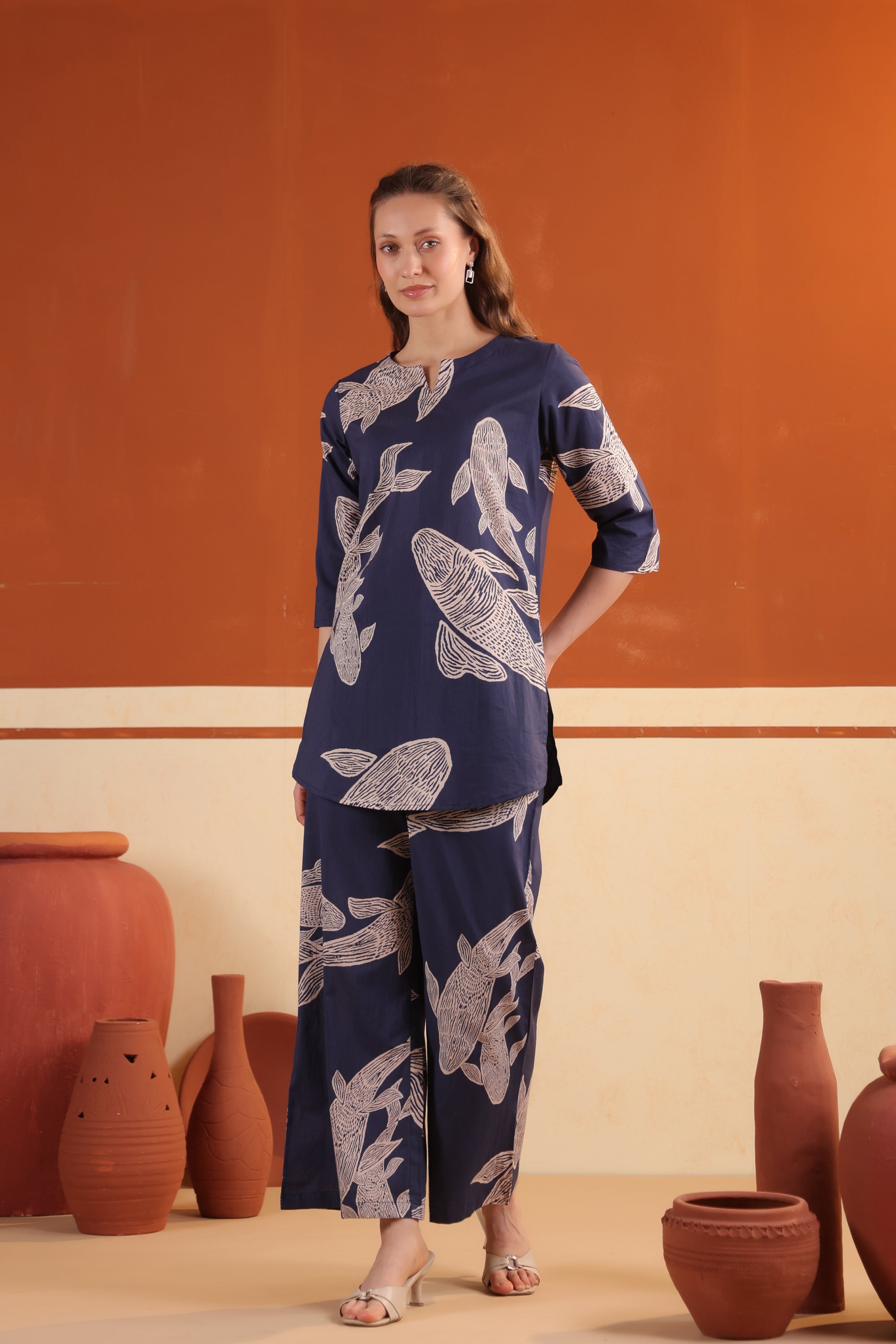 Navy Blue Abstract Fish Printed Tunic with Wide-Leg Pants Cotton Co-ord Set