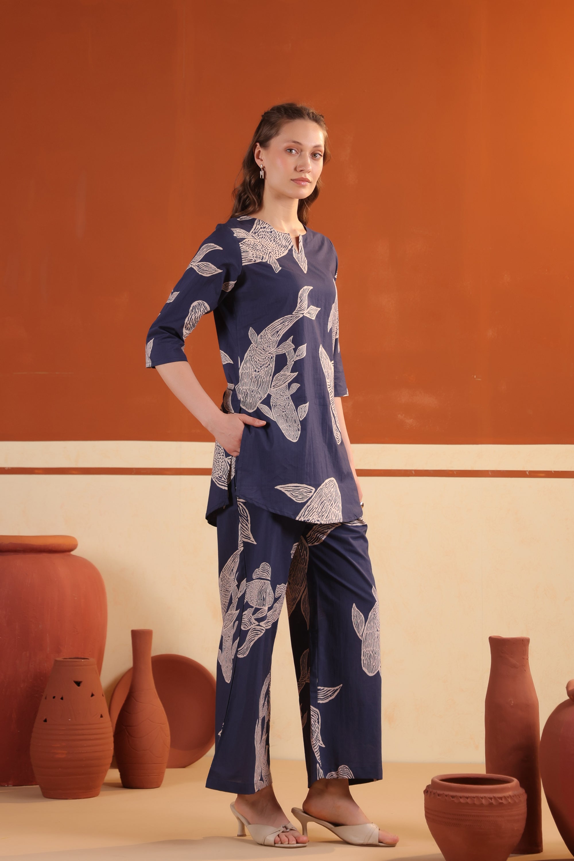 Navy Blue Abstract Fish Printed Tunic with Wide-Leg Pants Cotton Co-ord Set