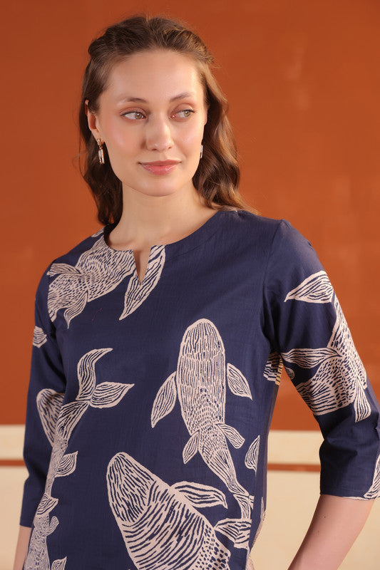 Navy Blue Abstract Leaf Printed Tunic with Wide-Leg Pants Cotton Co-ord Set