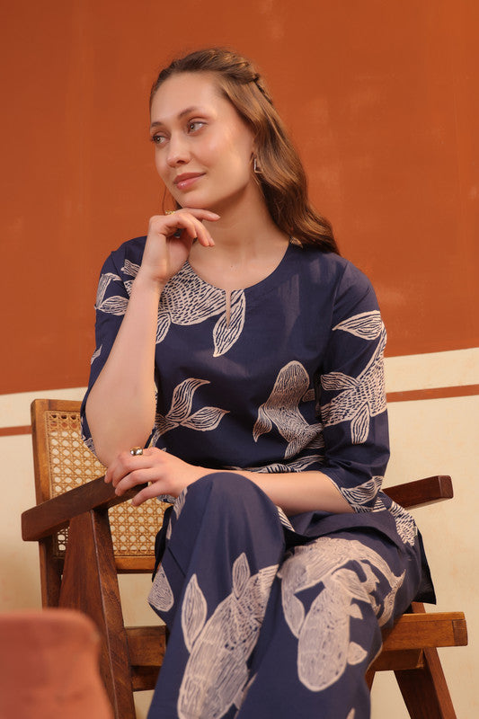 Navy Blue Abstract Leaf Printed Tunic with Wide-Leg Pants Cotton Co-ord Set