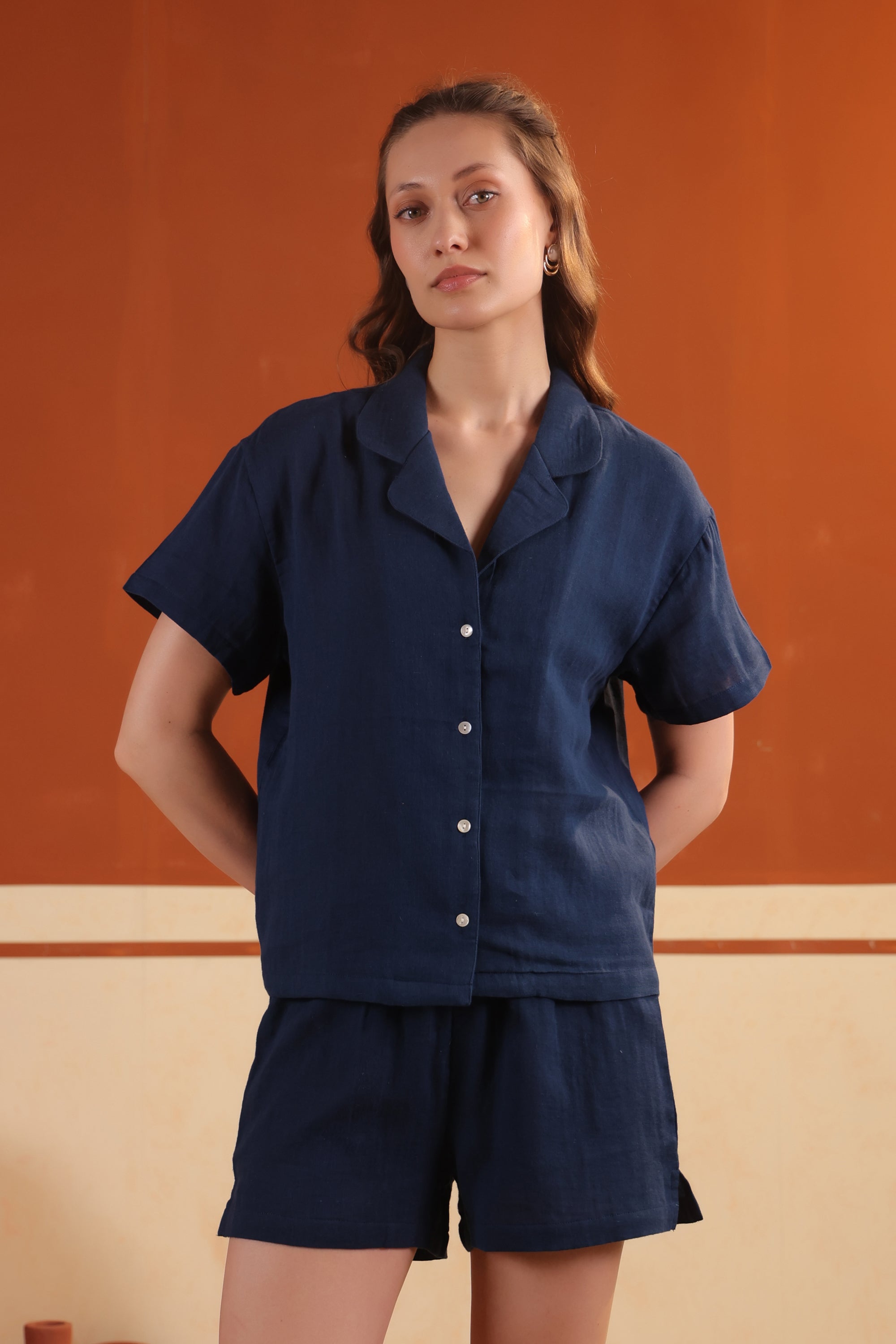 Navy Blue Cotton Night Suit Set