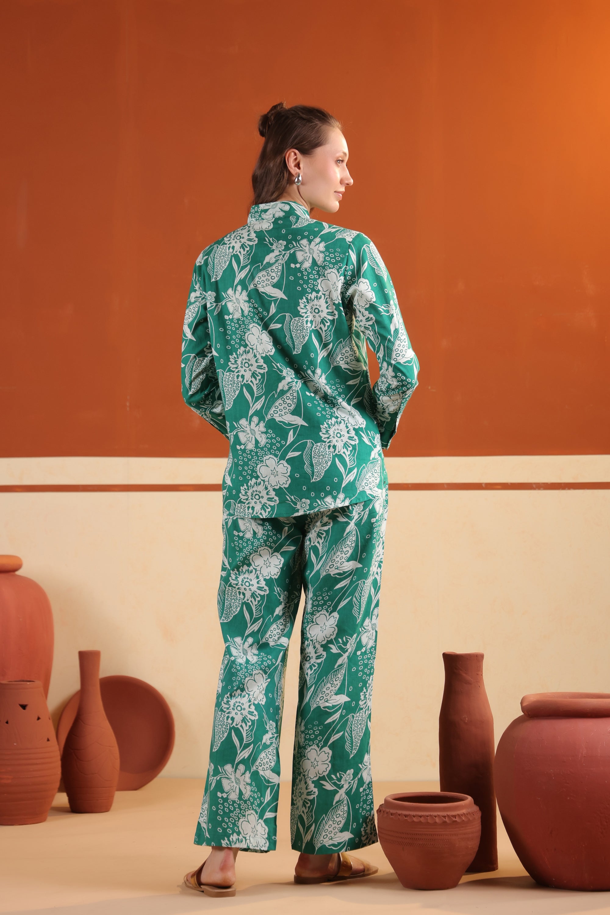 Green Floral Button-Down Printed Two Piece Cotton Co-ord Set