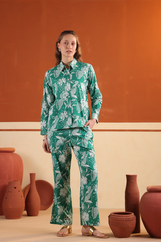 Green Floral Button-Down Printed Two Piece Cotton Co-ord Set